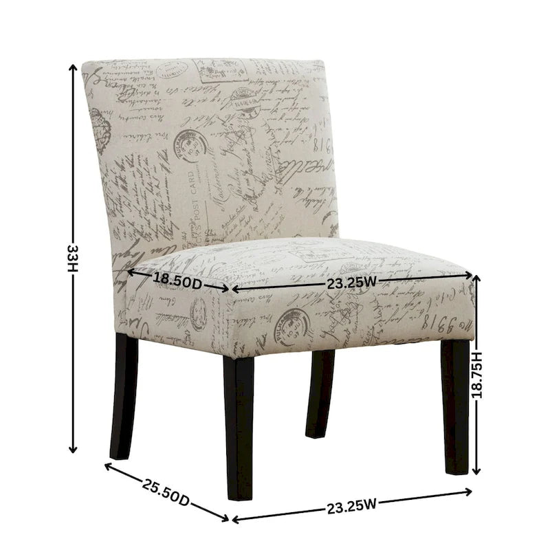 Sillón decorativo sin brazos con tela de escritura francesa y patas de madera espresso