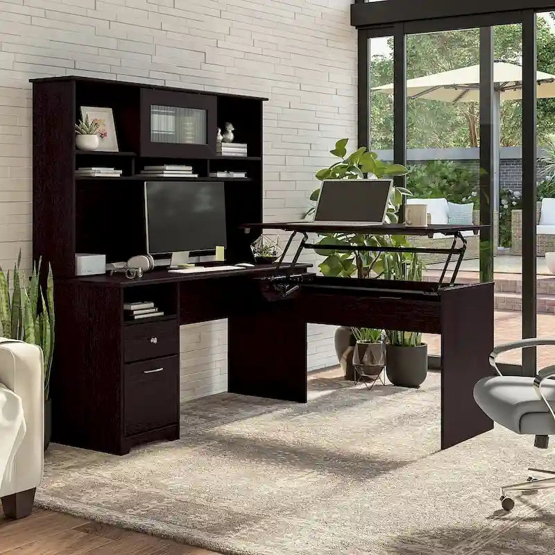 Escritorio en L de 60" elevable con soporte y cajón archivador