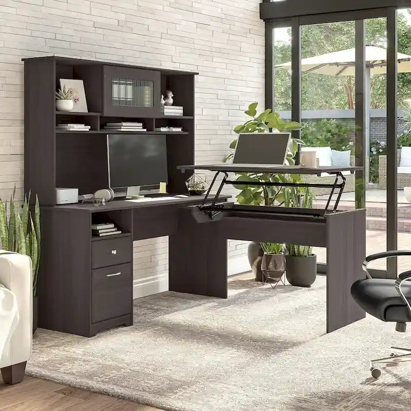 Escritorio en L de 60" elevable con soporte y cajón archivador