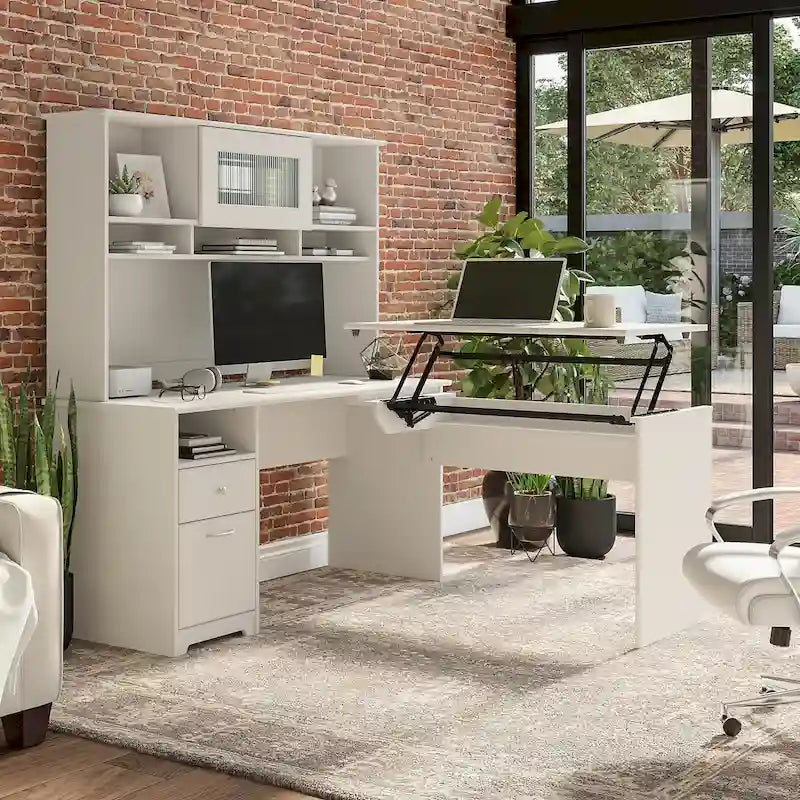 Escritorio en L de 60" elevable con soporte y cajón archivador