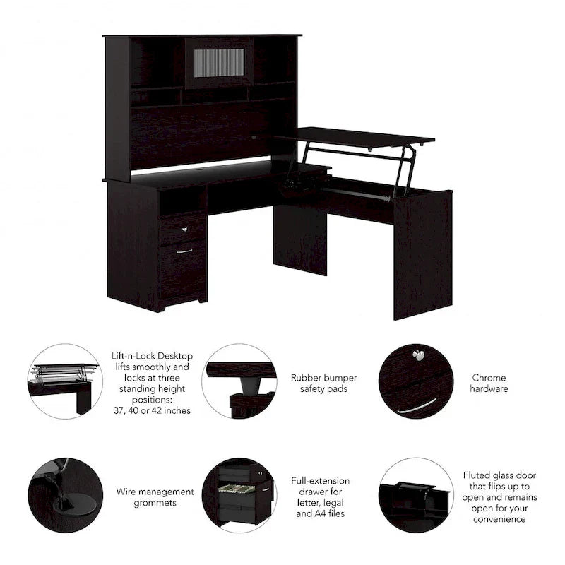 Escritorio en L de 60" elevable con soporte y cajón archivador