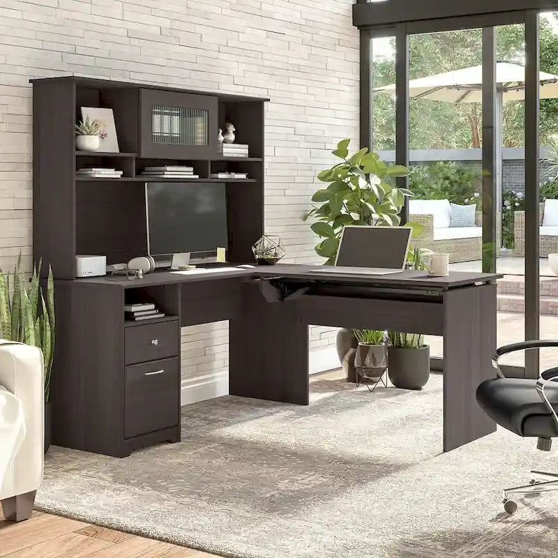 Escritorio en L de 60" elevable con soporte y cajón archivador