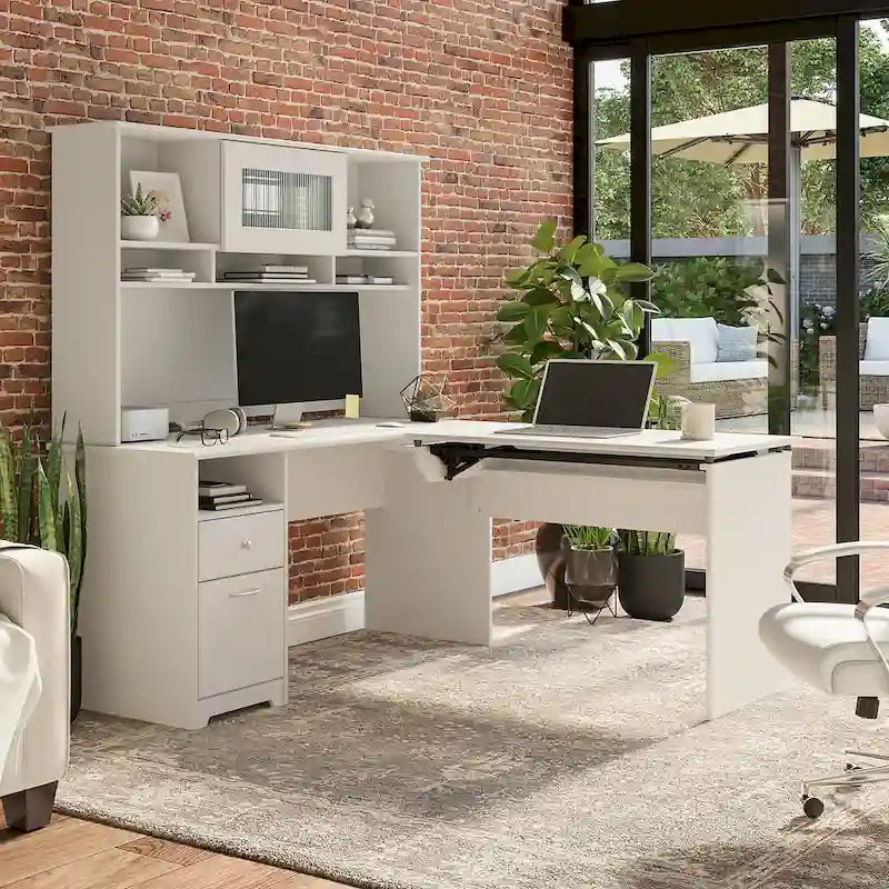 Escritorio en L de 60" elevable con soporte y cajón archivador