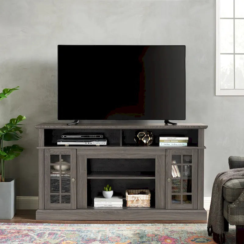 Mueble de TV clásico americano con 4 estantes de almacenamiento y 2 armarios de almacenamiento para sala de estar u oficina familiar
