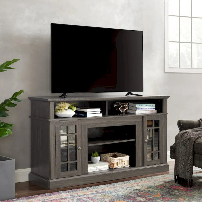 Mueble de TV clásico americano con 4 estantes de almacenamiento y 2 armarios de almacenamiento para sala de estar u oficina familiar