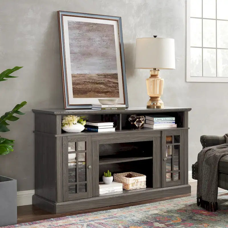 Mueble de TV clásico americano con 4 estantes de almacenamiento y 2 armarios de almacenamiento para sala de estar u oficina familiar