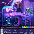 Escritorio para computadora en forma de L con tomas de corriente, LED RGB y soporte para monitor