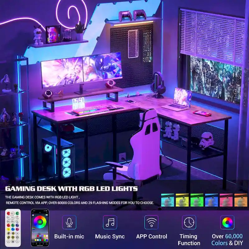 Escritorio para computadora en forma de L con tomas de corriente, LED RGB y soporte para monitor