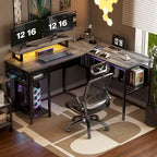 Escritorio para computadora en forma de L con tomas de corriente, LED RGB y soporte para monitor