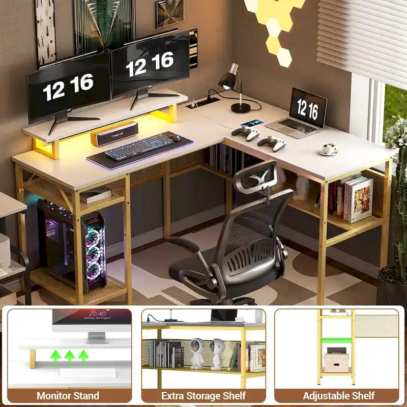 Escritorio para computadora en forma de L con tomas de corriente, LED RGB y soporte para monitor