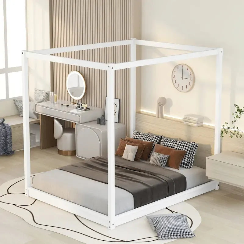 Cama de plataforma baja con dosel de madera de pino y MDF – Queen/King