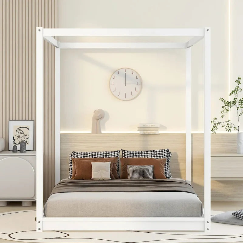 Cama de plataforma baja con dosel de madera de pino y MDF – Queen/King