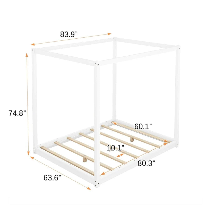 Cama de plataforma baja con dosel de madera de pino y MDF – Queen/King
