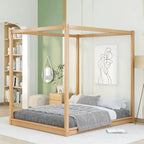 Cama de plataforma baja con dosel de madera de pino y MDF – Queen/King