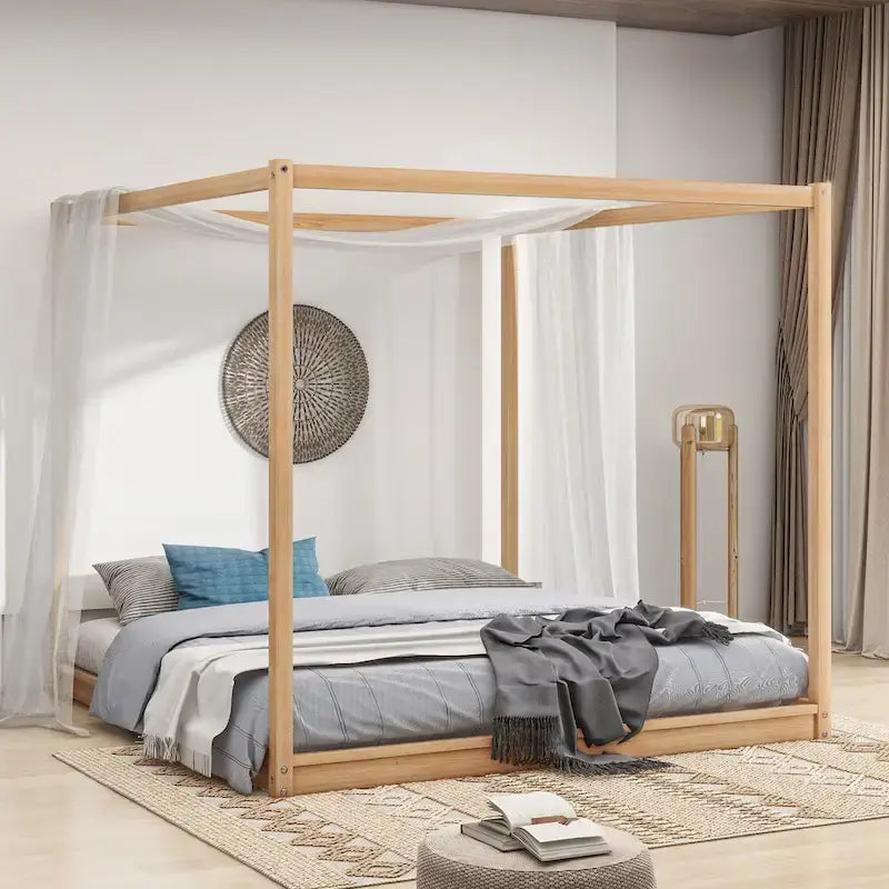Cama de plataforma baja con dosel de madera de pino y MDF – Queen/King
