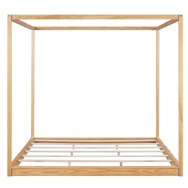Cama de plataforma baja con dosel de madera de pino y MDF – Queen/King