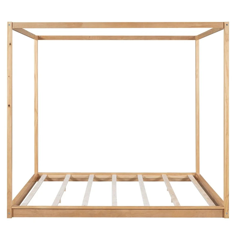 Cama de plataforma baja con dosel de madera de pino y MDF – Queen/King
