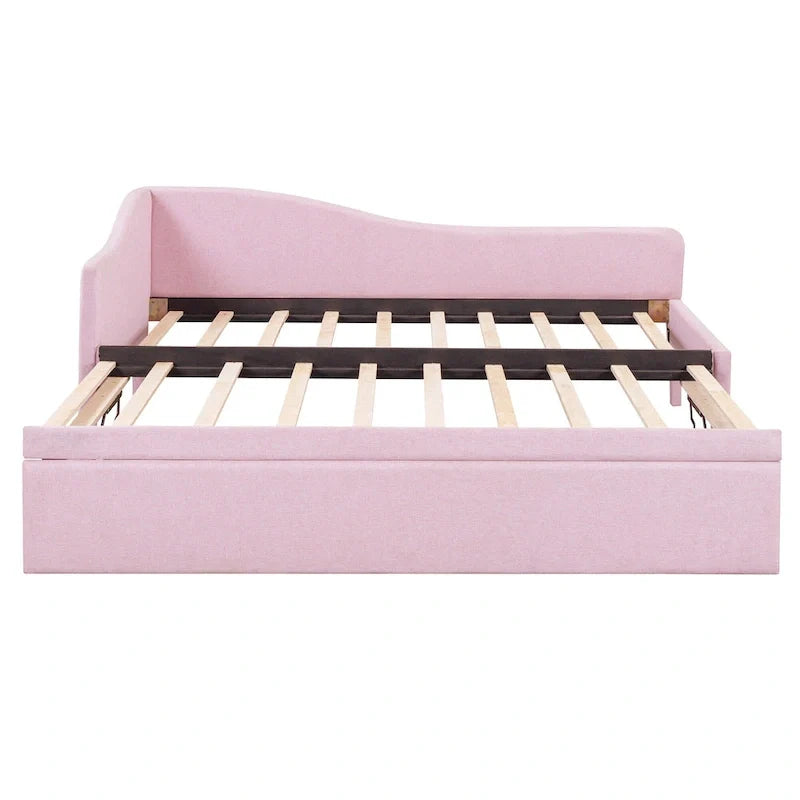 Sofá cama tapizado en forma de L tamaño individual con nido elevable – Rosa