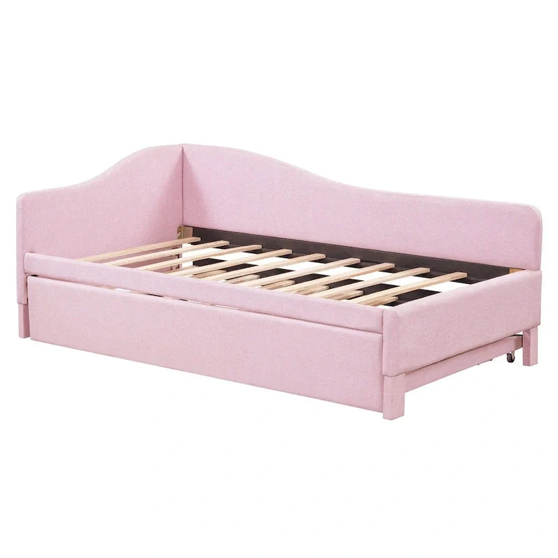Sofá cama tapizado en forma de L tamaño individual con nido elevable – Rosa