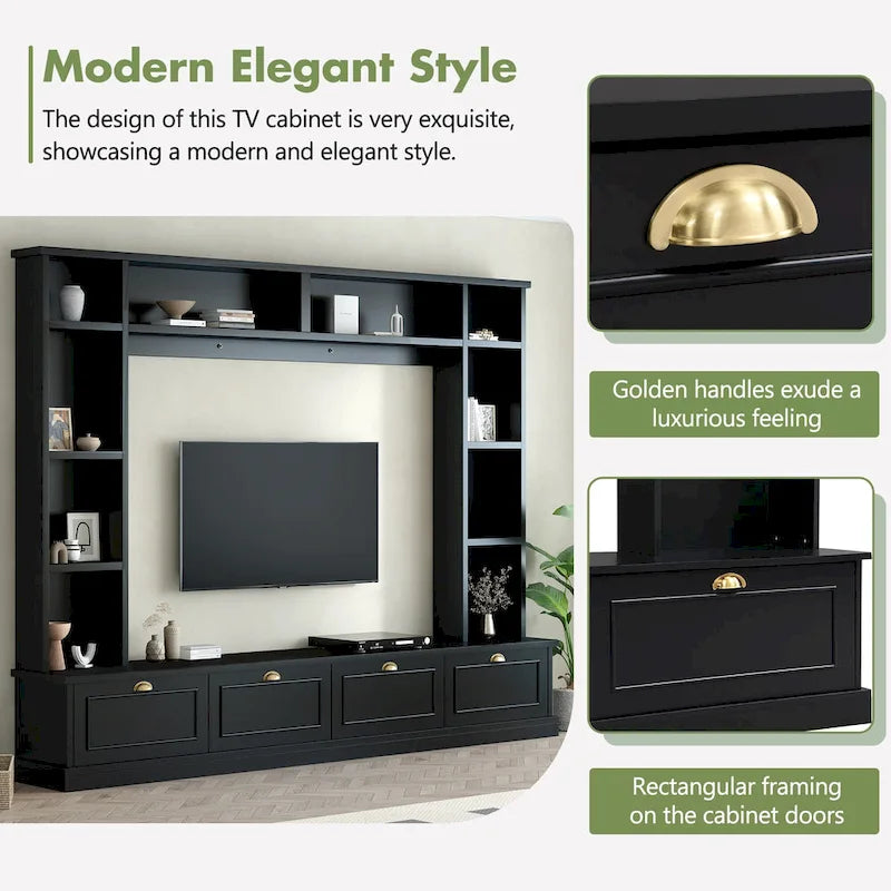104.2 Mueble de pared con soporte para TV, estanterías y armarios – Negro