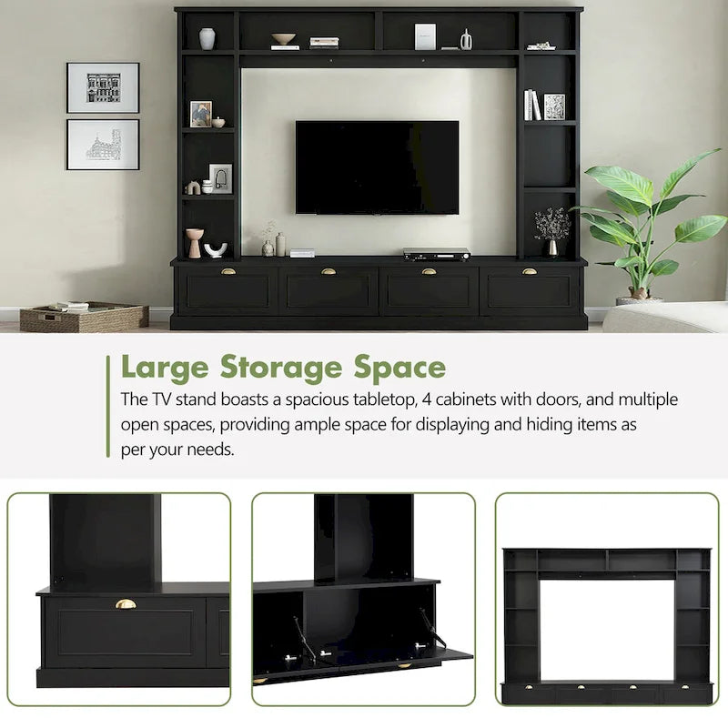 104.2 Mueble de pared con soporte para TV, estanterías y armarios – Negro