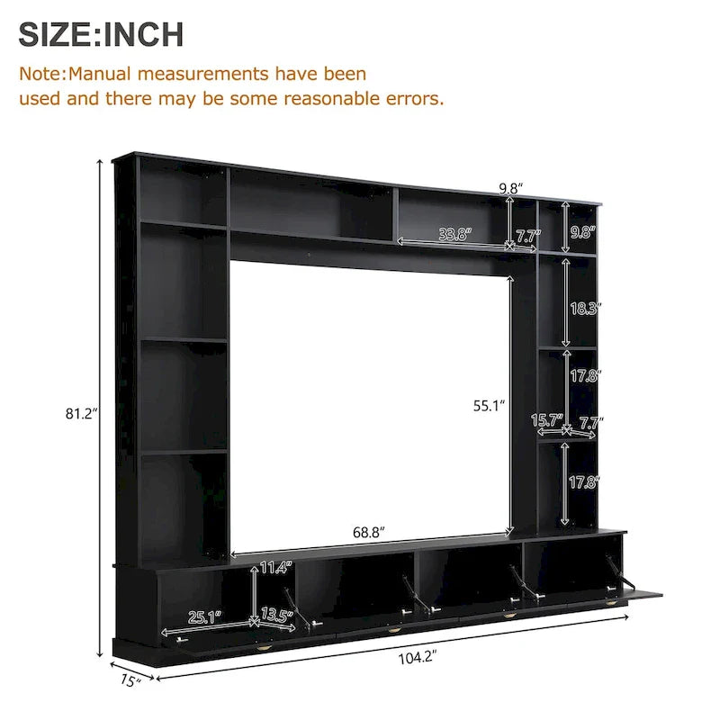 104.2 Mueble de pared con soporte para TV, estanterías y armarios – Negro