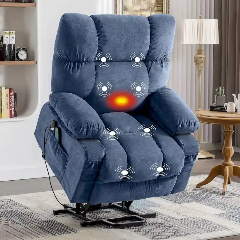 Sillón reclinable elevador eléctrico con calor, masaje, carga USB – Azul