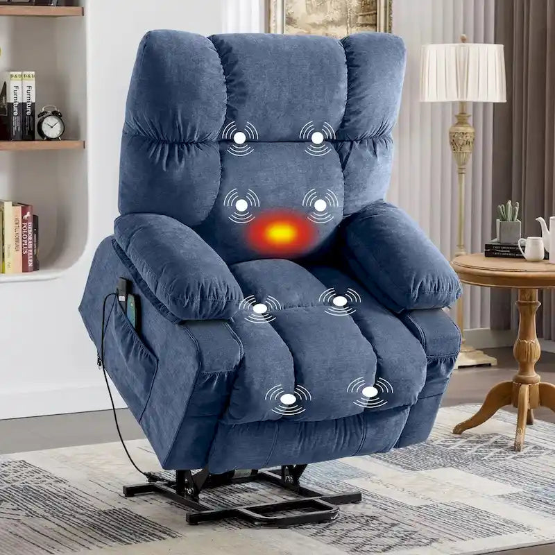 Sillón reclinable elevador eléctrico con calor, masaje, carga USB – Azul
