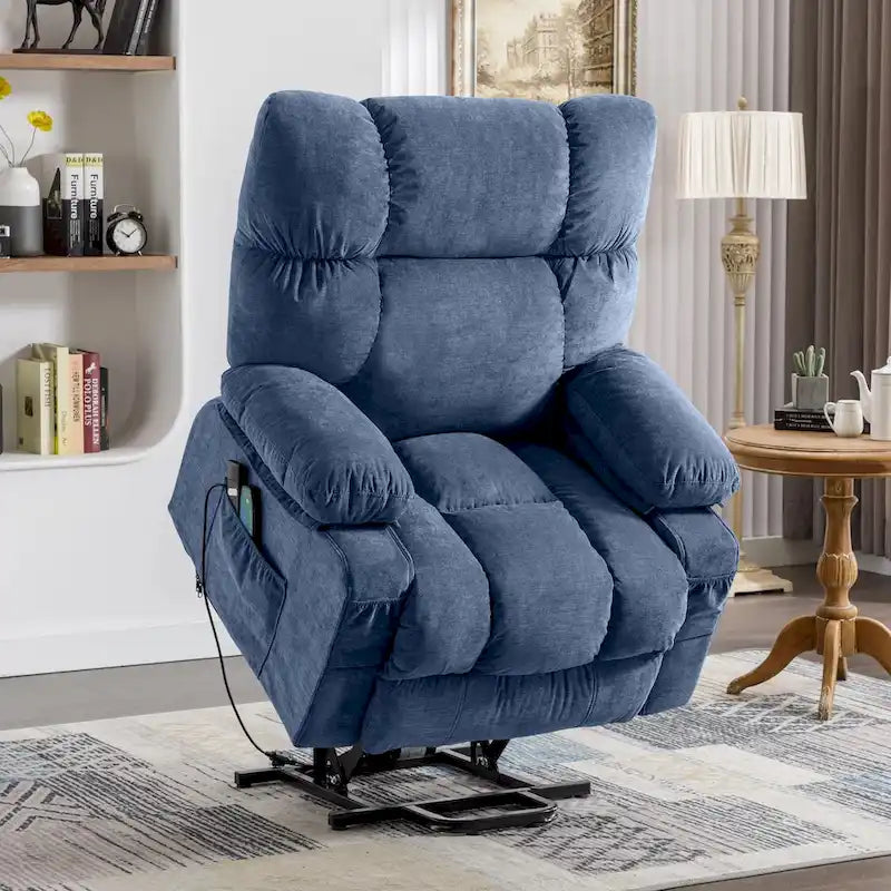 Sillón reclinable elevador eléctrico con calor, masaje, carga USB – Azul