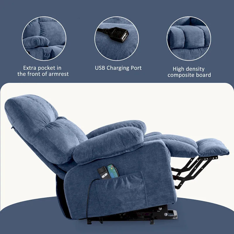 Sillón reclinable elevador eléctrico con calor, masaje, carga USB – Azul