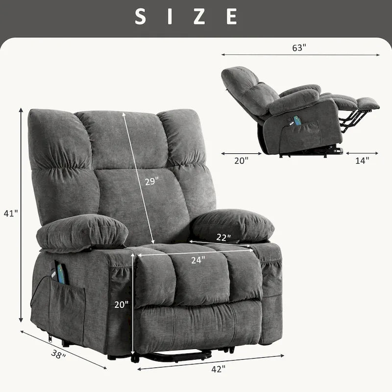 Sillón reclinable elevador eléctrico con calor, masaje, carga USB – Azul