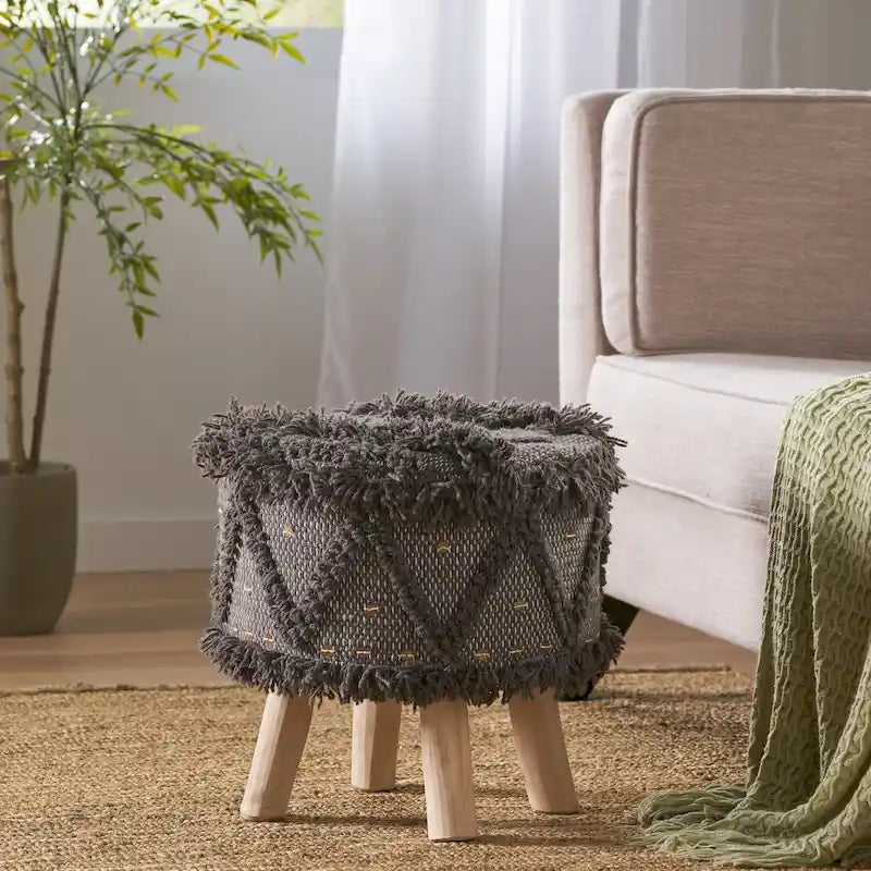 Taburete de tela bohemio con base de madera de eucalipto