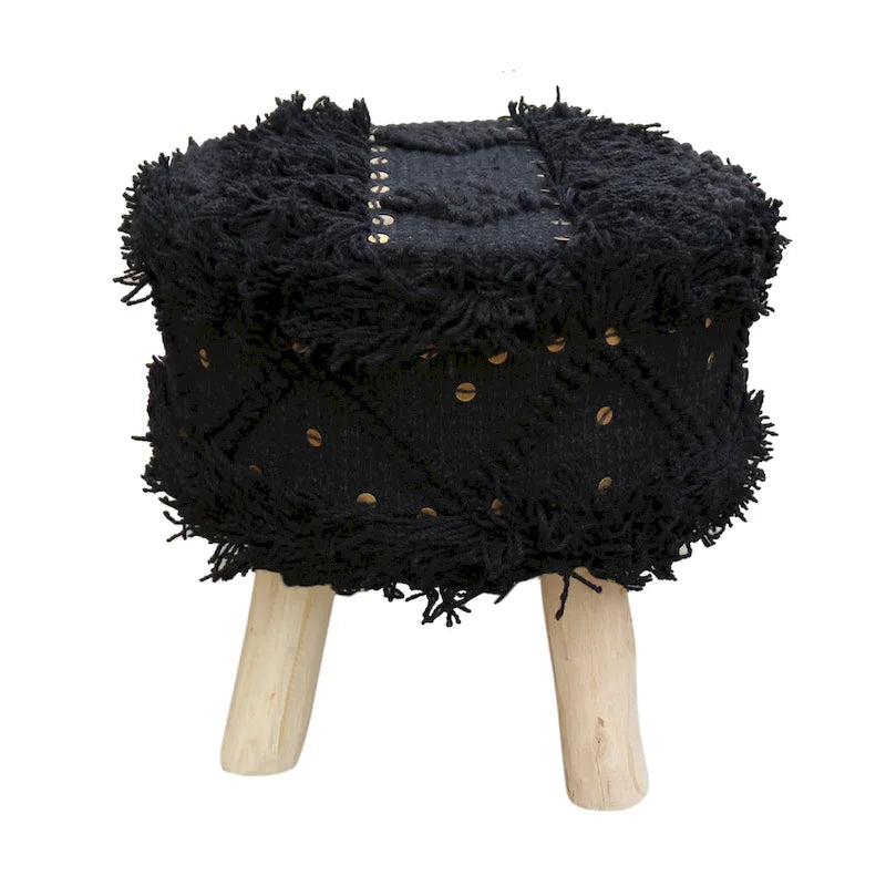 Taburete de tela bohemio con base de madera de eucalipto