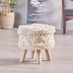 Taburete de tela bohemio con base de madera de eucalipto