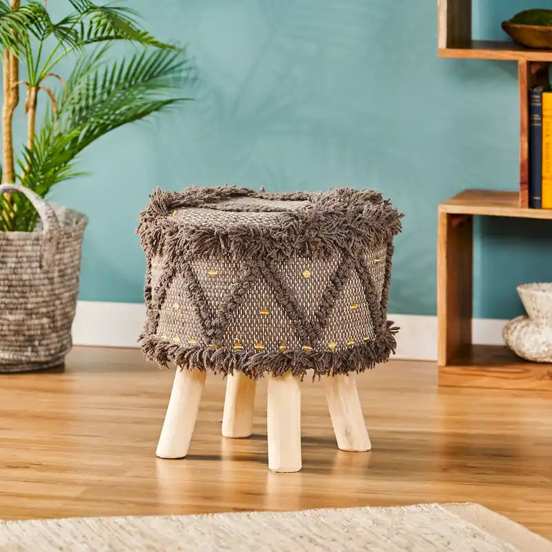 Taburete de tela bohemio con base de madera de eucalipto