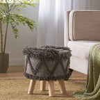 Taburete de tela bohemio con base de madera de eucalipto