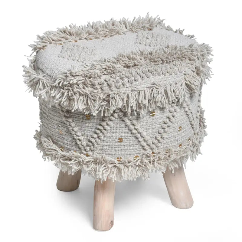 Taburete de tela bohemio con base de madera de eucalipto