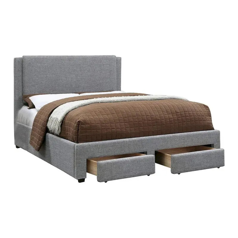 Cama King con cajones en la base – Tapizado de poliéster gris