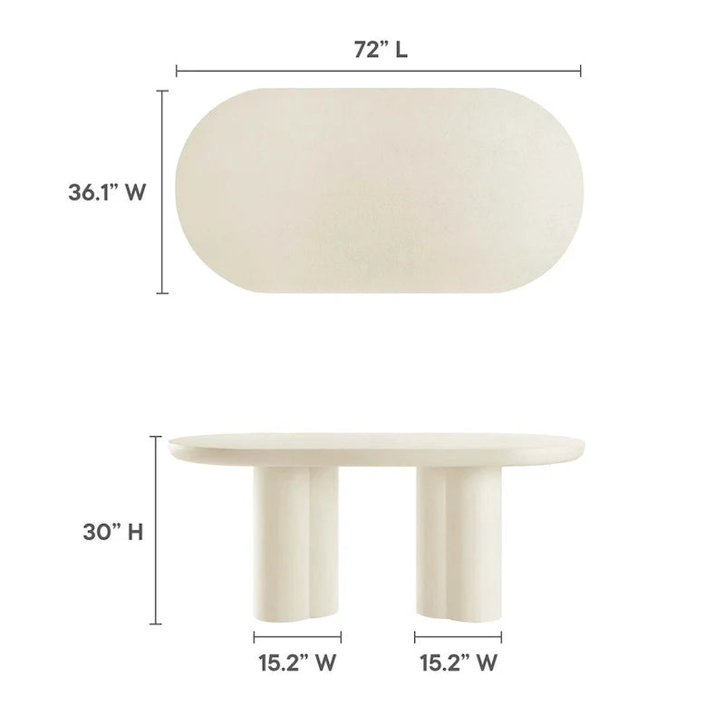 Mesa de comedor ovalada de 72 pulgadas con acabado efecto hormigón y base de doble pedestal