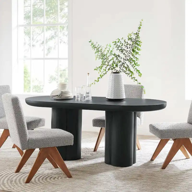 Mesa de comedor ovalada de 72 pulgadas con acabado efecto hormigón y base de doble pedestal