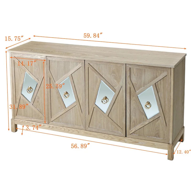 Armario de almacenamiento de 4 puertas con puertas de espejo y patas de madera maciza